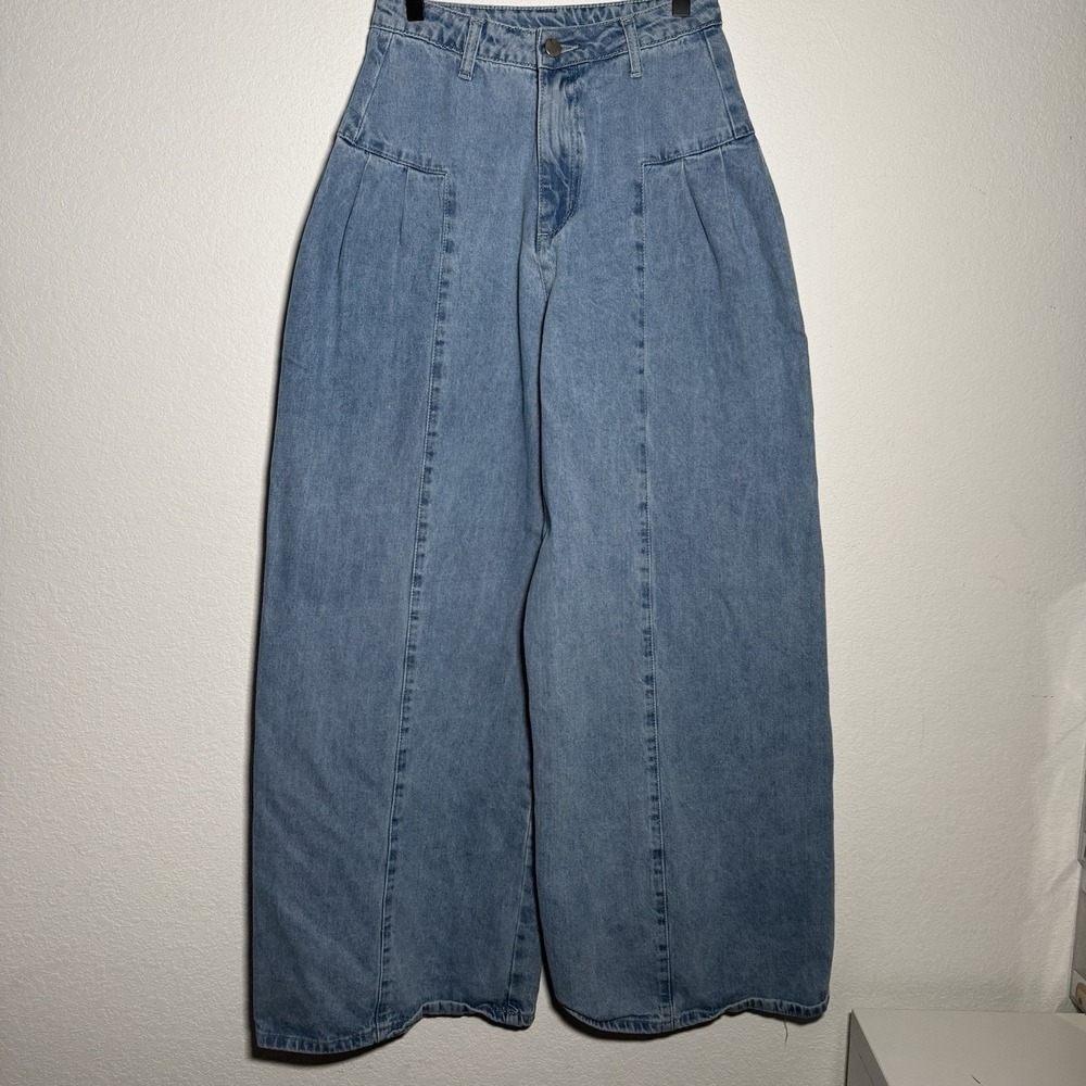 Mable Wide Leg Jeans | High Rise Pleated Denim Blue Pants | Women Small